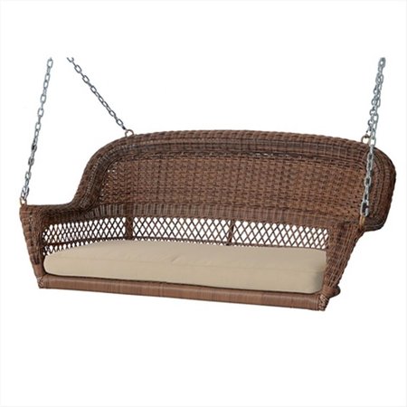 JECO Honey Wicker Porch Swing With Tan Cushion W00205S-C-FS006